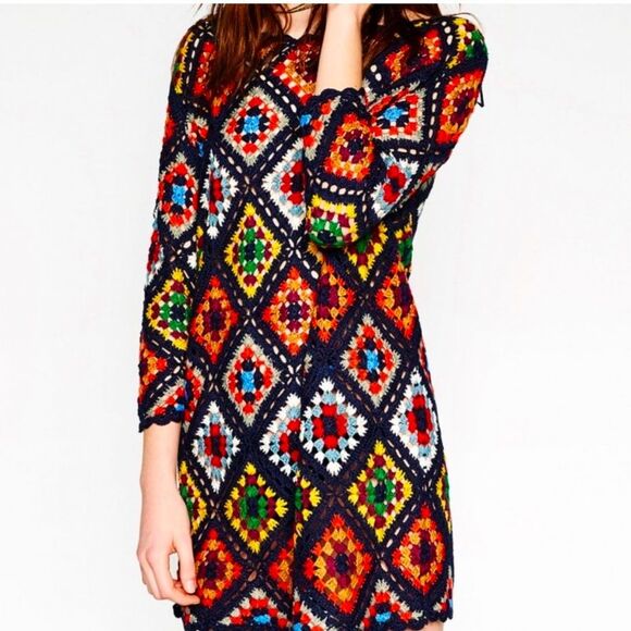 LIKE NEW RARE Zara Crocheted 3/4 Sleeve Mini Dress in Multicolor-Size Medium - Picture 1 of 12